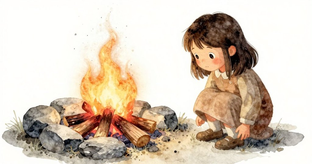 Willa在石陣旁的低木頭上坐著,她的雙腳觸碰涼爽泥土,火光映出溫暖與專注情緒