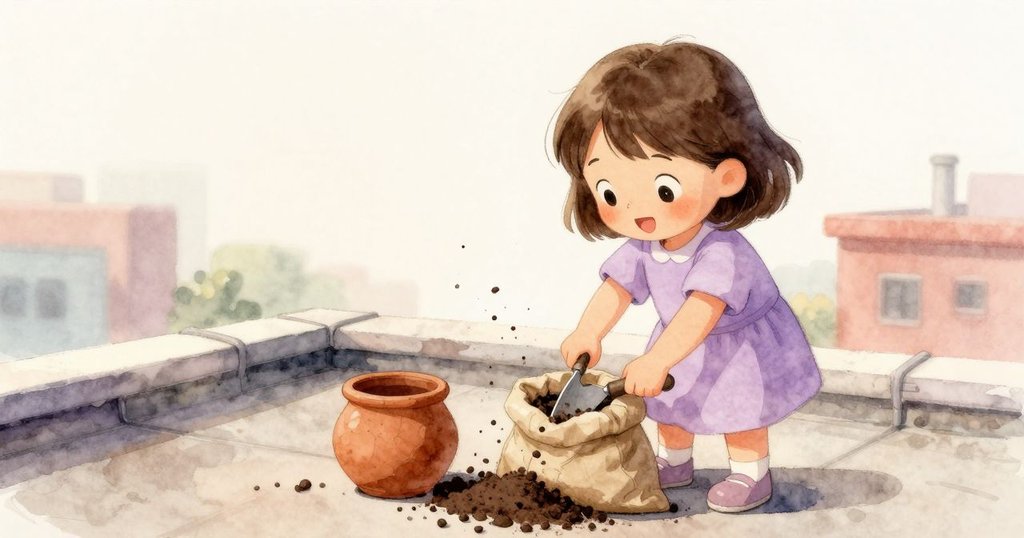 Tatiana在屋頂上打開土袋，細緻的黑色土粒緩緩堆起，旁邊裂紋陶罐展現故事味道。