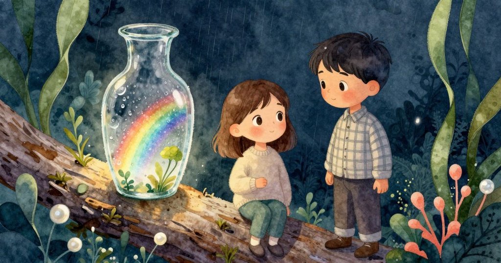 從小動物的視角看見玻璃瓶裝滿露珠，陽光反射出彩虹般光帶灑在粗糙樹皮上，營造出神奇氛圍