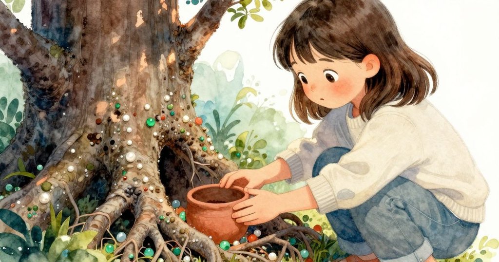 Blythe 蹲下來仔細刷除樹根旁的泥土，露出塵封的陶杯與綠色玻璃彈珠，臉上充滿專注與驚喜
