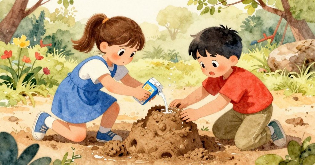 在花園中，Astrid專注堆砌泥塔，Kay用牛奶盒倒水，鳥兒和昆蟲圍繞，氛圍熱鬧充滿自然。