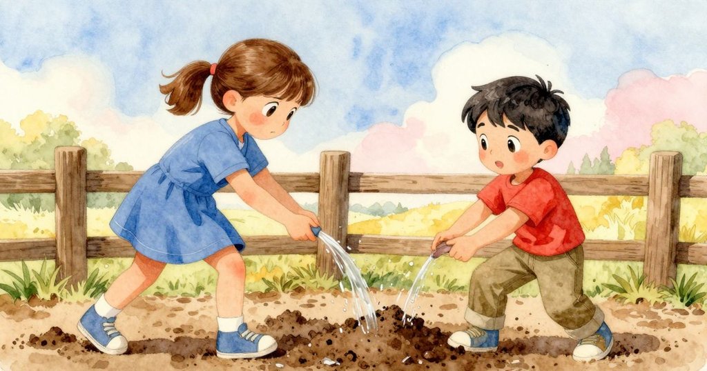 Astrid與Kay離開泥坑，Kay舉起牛奶盒倒水，Astrid撿拾新泥，兩人朝圍欄走去，背景展現柔和午後光線。