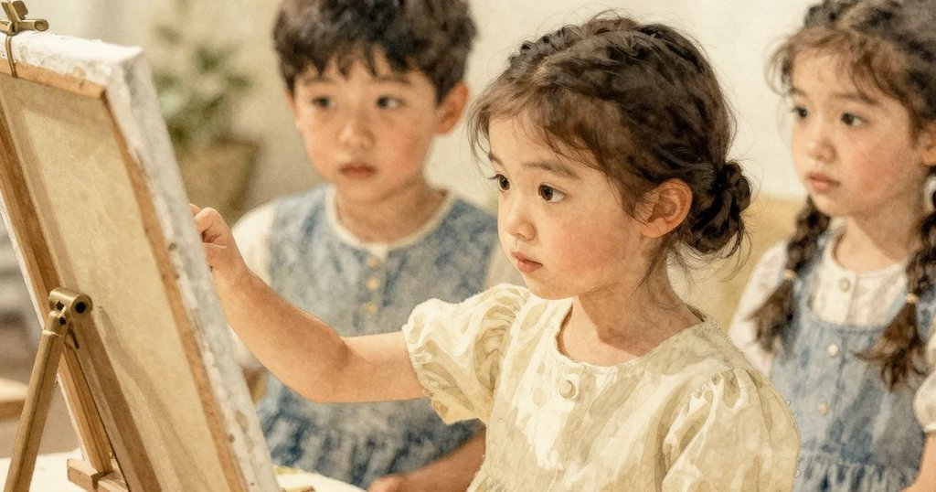 Yasmin 跪下輕觸展開畫布,金屬杆映出她專注表情,柔和光線中流露出無比好奇的神情