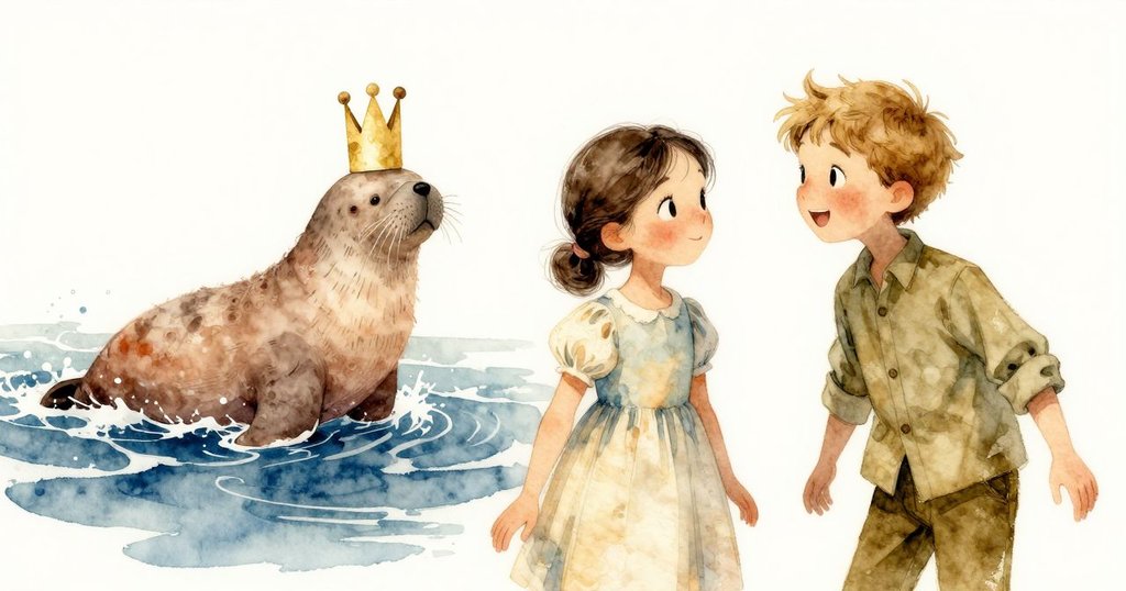 畫布上藍色海浪中,一隻畫中海象巧妙平衡紙皇冠,展現出神奇與夢幻的藝術氛圍