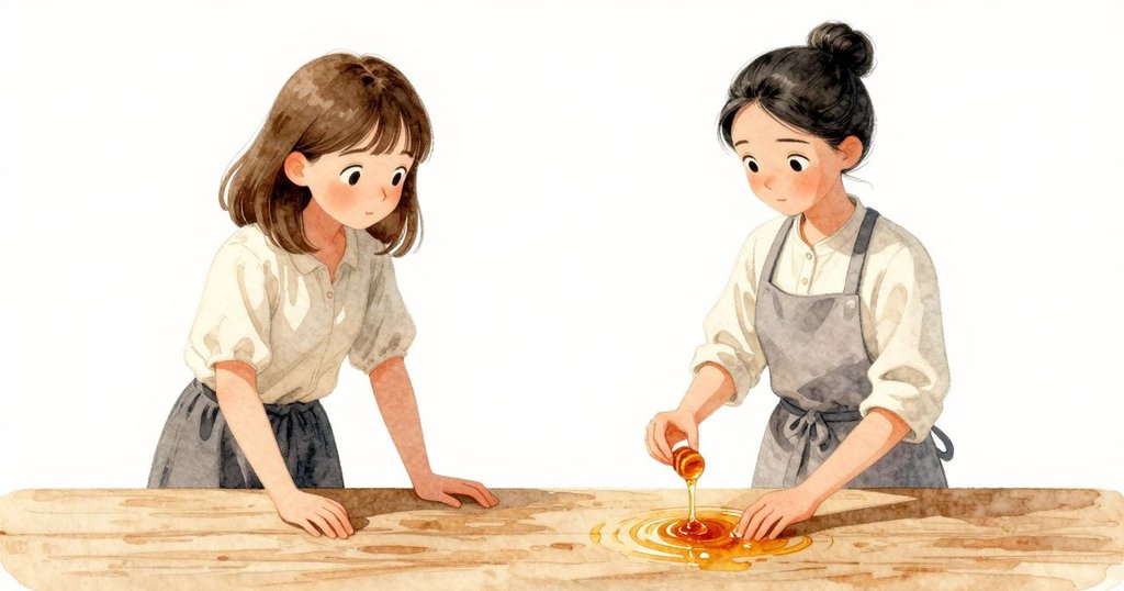 木桌上蜂蜜逐漸滑動、水面微起漣漪，光影隨時間改變，呈現家居環境中時間流逝的細膩變化。