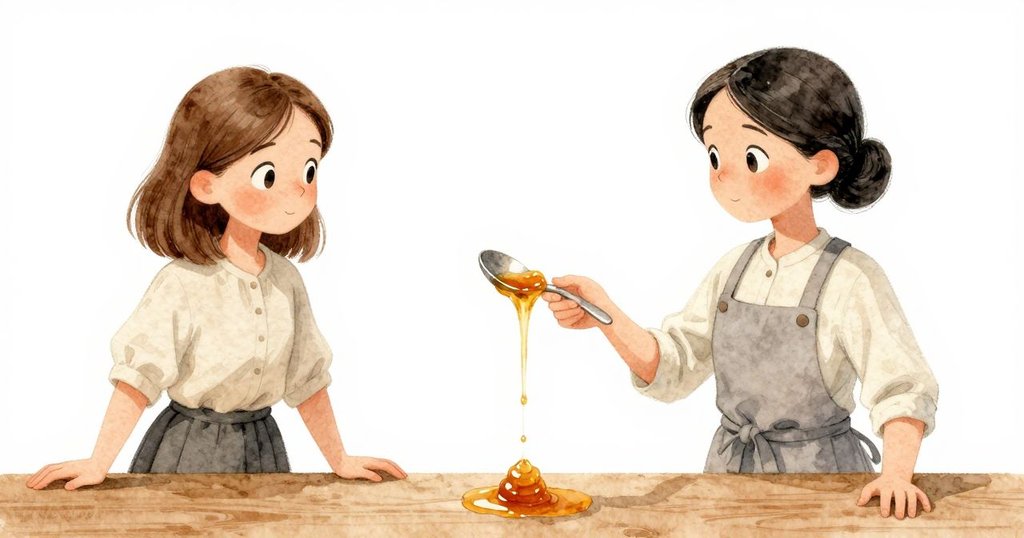 蜂蜜絲帶拉伸至極限斷裂，正急速落向冰冷湯匙，動態瞬間巧妙捕捉，充滿緊張與戲劇張力。