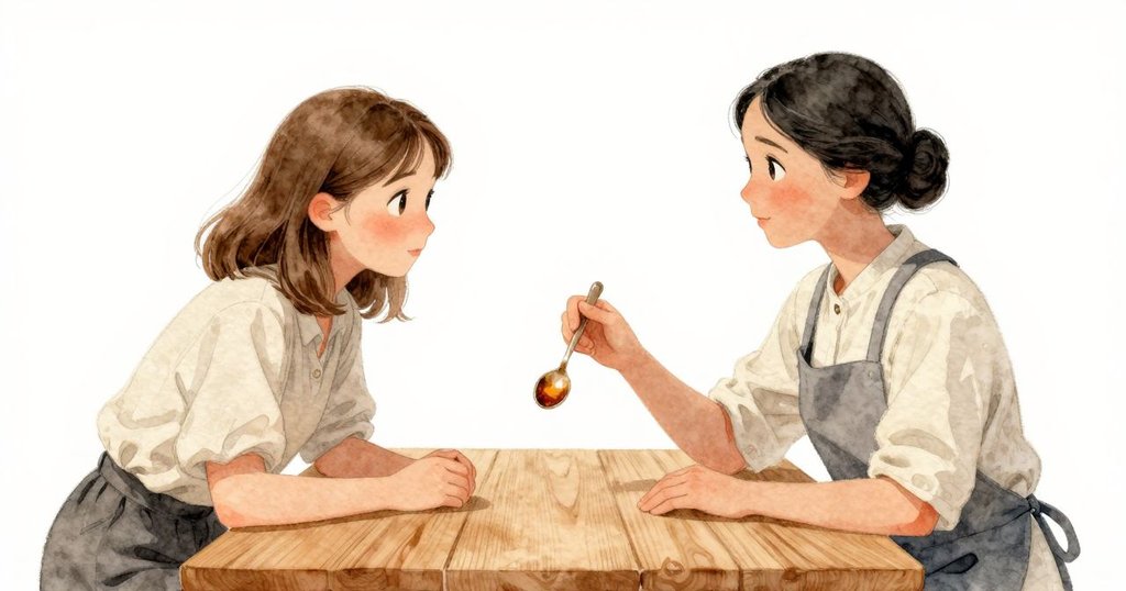 Dinah微笑提起湯匙展露琥珀鏡面，Glynis在旁靜觀欣慰，桌上擺有封存罐與明信片，畫面溫馨達成敘事高潮。