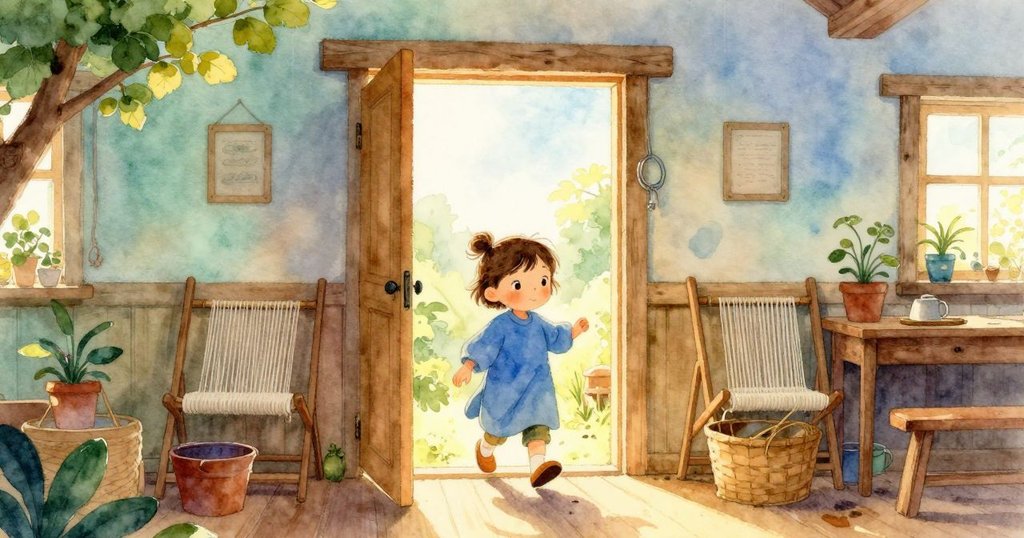 妮娜進入工作室門口, 踏入充滿晨光的織布間, 神情期待, 展開創作冒險