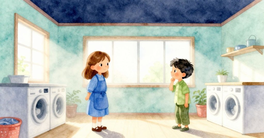 納丁與約克在晨霧中洗衣房中活動，木桌、洗手盆及綠色磁磚營造出溫暖神秘氣氛