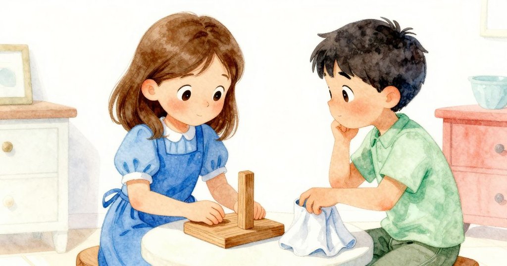 木製支架、杯子與毛巾在桌上互動引起微妙震動，室內光線柔和呈現物品細節