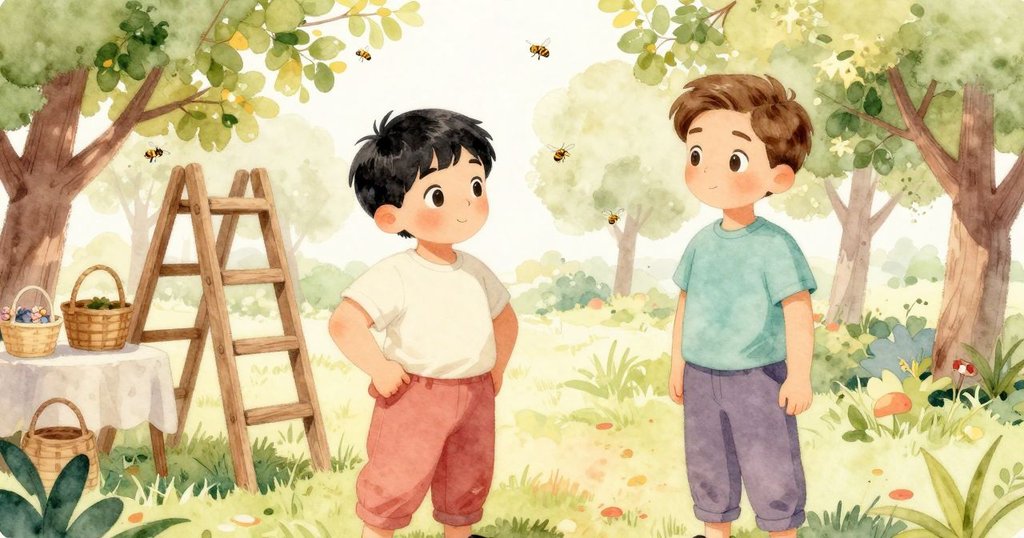 克萊德與諾埃爾在果園中互動,周圍飛舞著蜜蜂及鳥群,陽光灑落在樹影與籃子上,充滿生氣與溫暖。