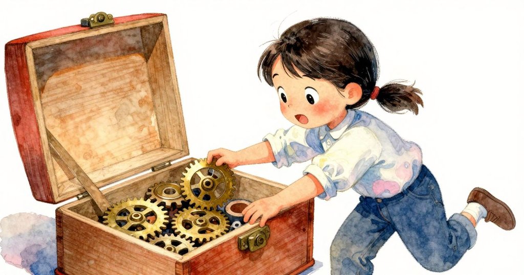 Hadley在車間內打開木盒，裡面放著青銅齒輪和軟木襯墊，神情充滿好奇與探索