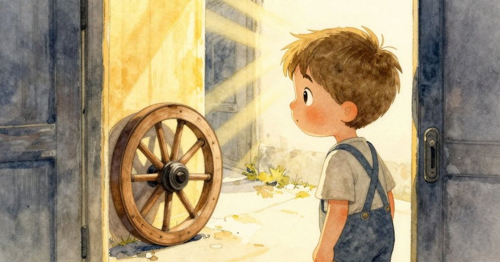 Barrett透過開放的車間門注視木輪滾向狹窄小巷，陽光透入形成強烈對比，畫面細膩生動