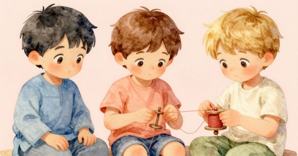 Erik和Tobias的手細緻操作細線與木軸，展現織布藝術細膩觸感，光影柔和，情感專注。