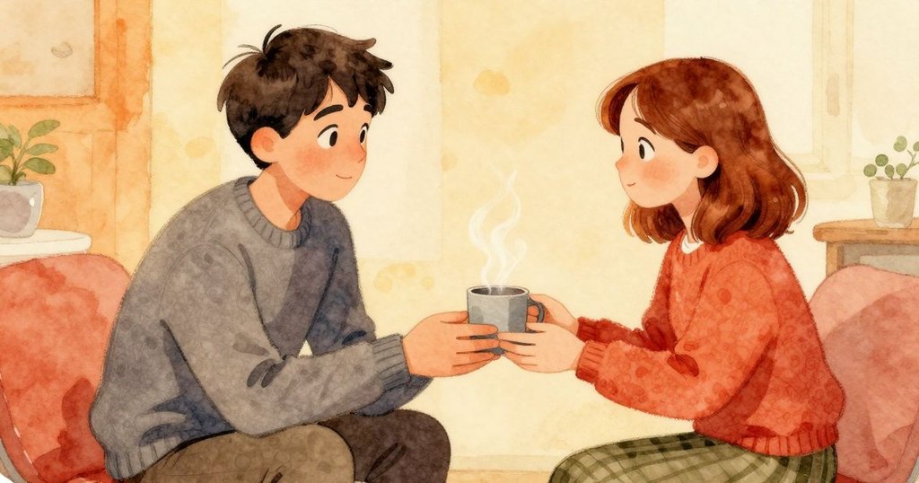 Celina與戴爾交換熱茶杯，冒著蒸氣的杯子成為溫馨家居中相互關懷的象徵，傳遞溫暖情感