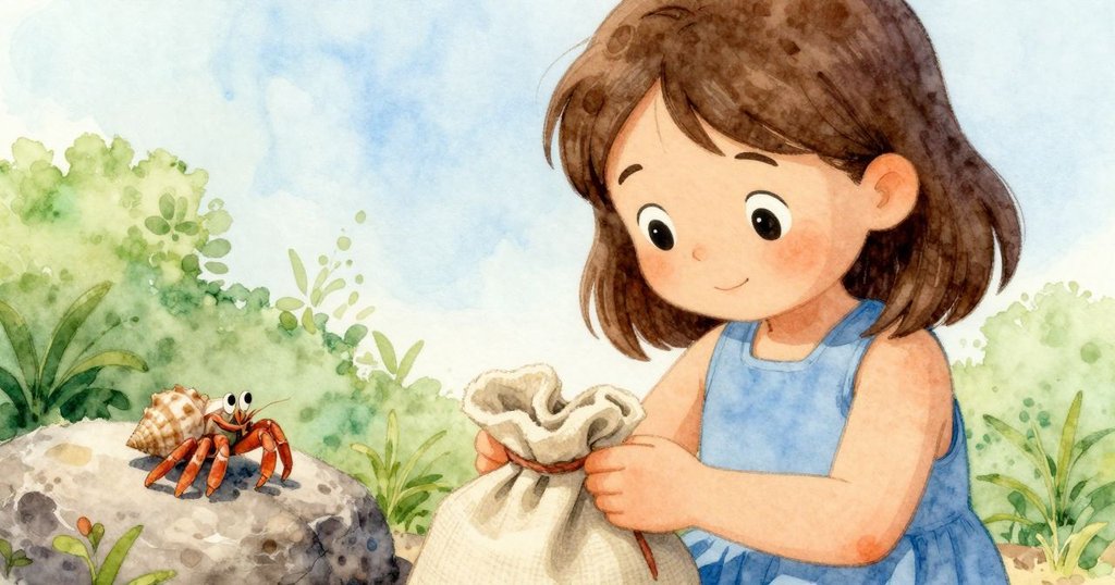 Estelle滿足地折疊帆布袋藏入口袋，旁邊的寄居蟹安靜停留在岩石上，整體氣氛寧靜溫馨