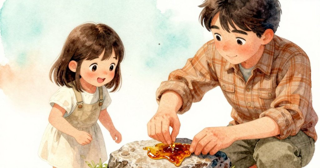 伊內茲細緻小手輕輕傾斜松脂，溫暖石面上滴落琥珀色液珠，形成閃亮微小圖案，細節豐富