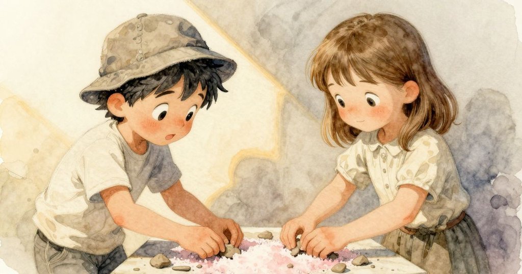 Kit在隱蔽角落細心整理碎片,Gwen輕捧鹽粒發現微妙玫瑰火花,柔和光影中展露細緻戶外場景。