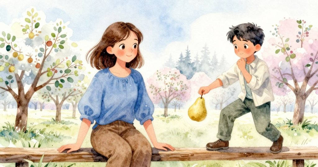 一顆較小的梨子在樹樁上快速滾動,輕觸木軌後留下果汁痕跡,動感十足。