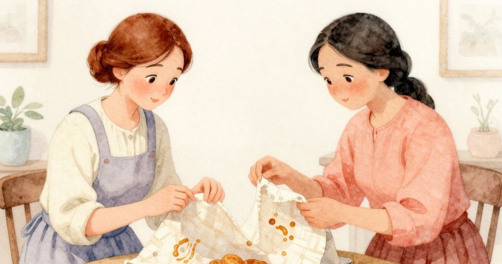 Ruby和Daphne在溫馨織布室中共享寧靜喜悅，Ruby檢視布上琥珀色印痕，Daphne露出安心微笑
