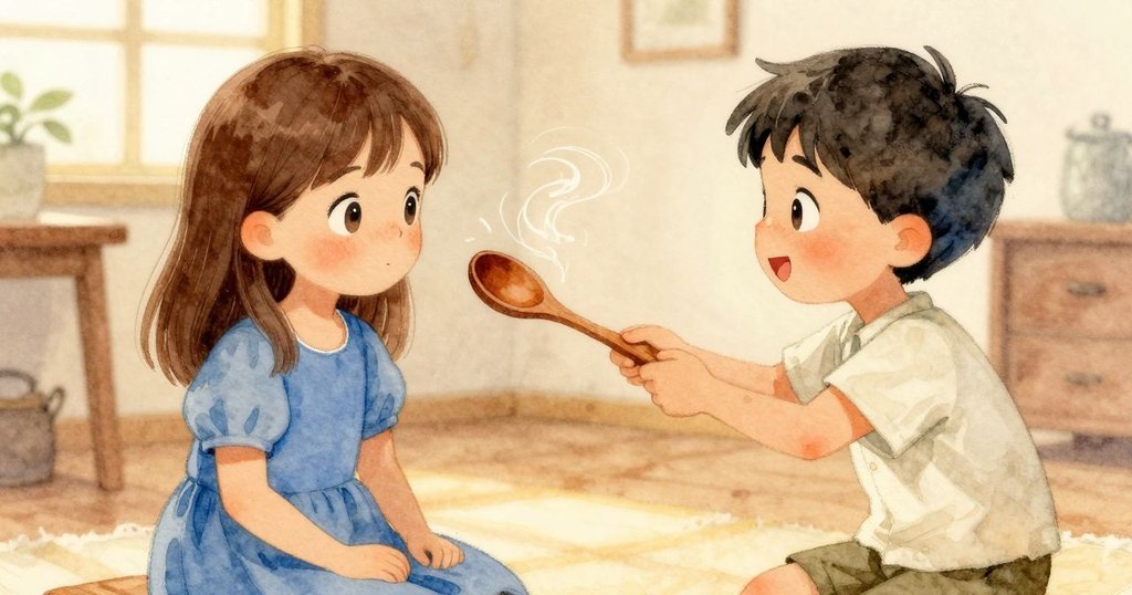 凱倫溫柔遞過木匙, 克萊歐回以微笑, 茶水輕旋背景映襯溫馨共享, 室內午後光線柔和, 表現情感交流