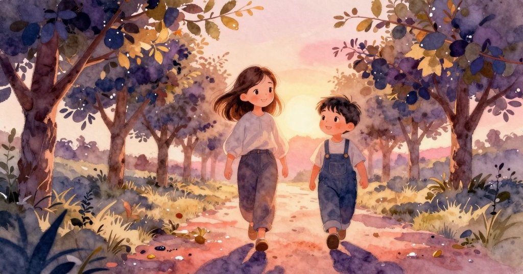 Stella 的腳步踏過帶露水的落葉,果園小徑展現自然細節,晨光柔和映照出豐富質感,動態細膩。