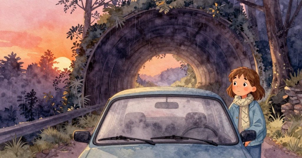 Alma在車內操作除霧器, 車窗上有水珠, 背景呈現迷濛雨林隧道, 表情專注且沉靜