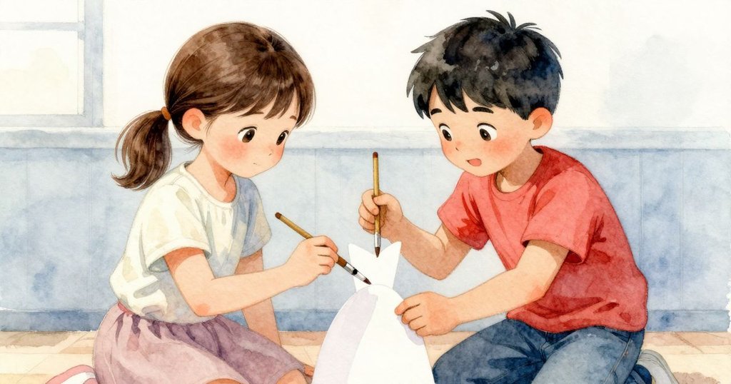 男孩穩握卡片角落，女孩細心撫平捲曲紙裙，兩人協作恢復整齊場面，神情專注溫和