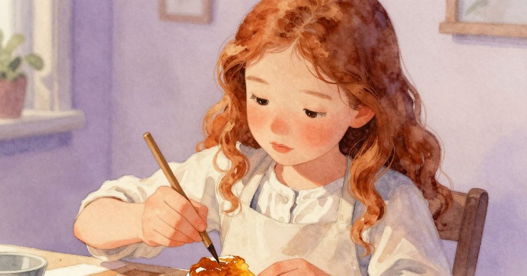 Yolanda專注操作,細膩地將砂紙鋪在琥珀上,手部動作明顯,場景細緻溫柔,表達創作初期的投入