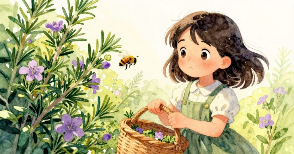 花洛在迷離視角中調整籃子，蜜蜂於迷迭香間穿梭，庭園生動呈現動感與細節