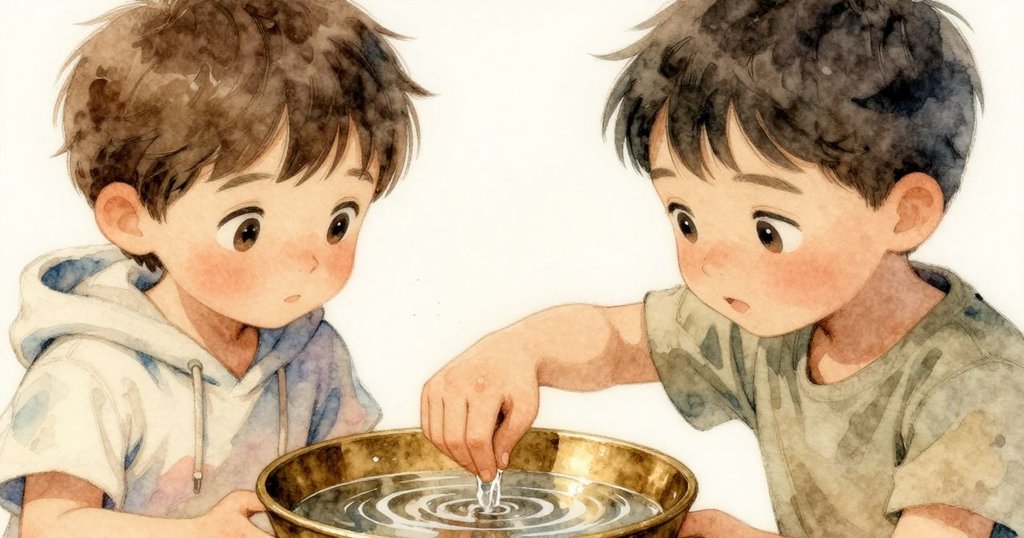 丹特伸手觸碰銅碗中水面，鏡頭聚焦水波與坐墊上精緻塵環，呈現溫柔細膩質感。