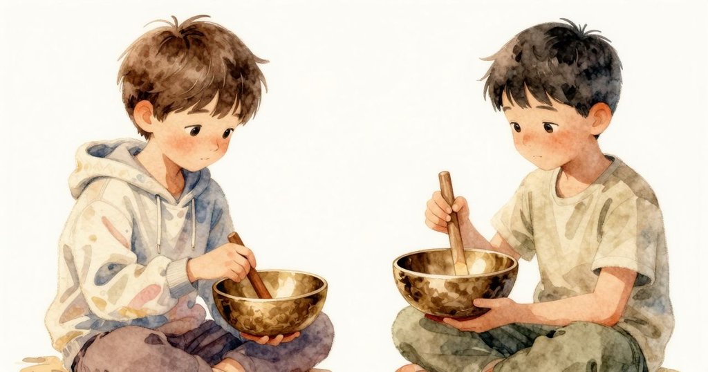 丹特與懷雅特盤腿而坐，專注敲擊銅碗，讓樂音交織在暖光中，塵環坐墊靜立一旁。