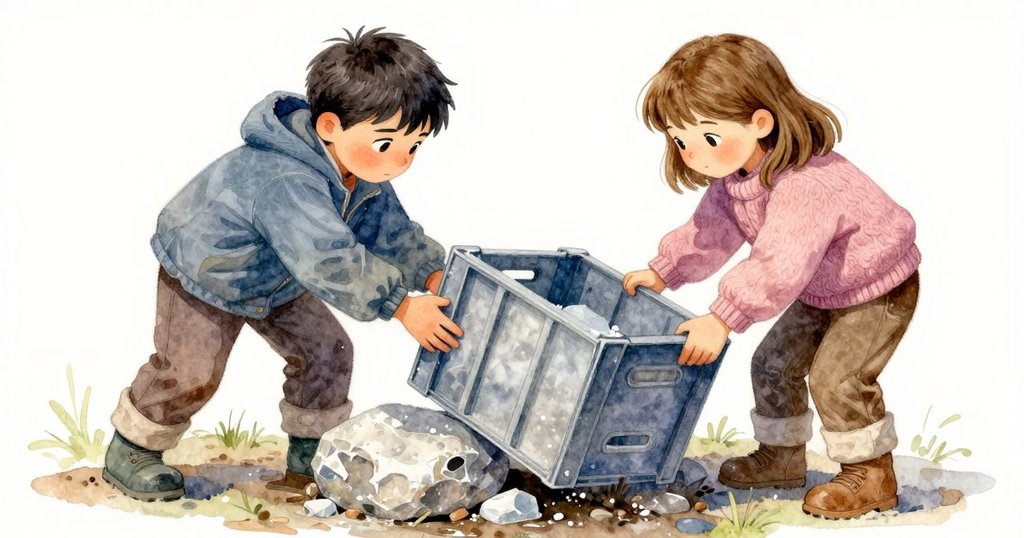 格蘭特與拉娜在半掩石旁合作穩定傾斜木箱，雙手協作，濕潤泥地在晨光中映現安心氛圍。