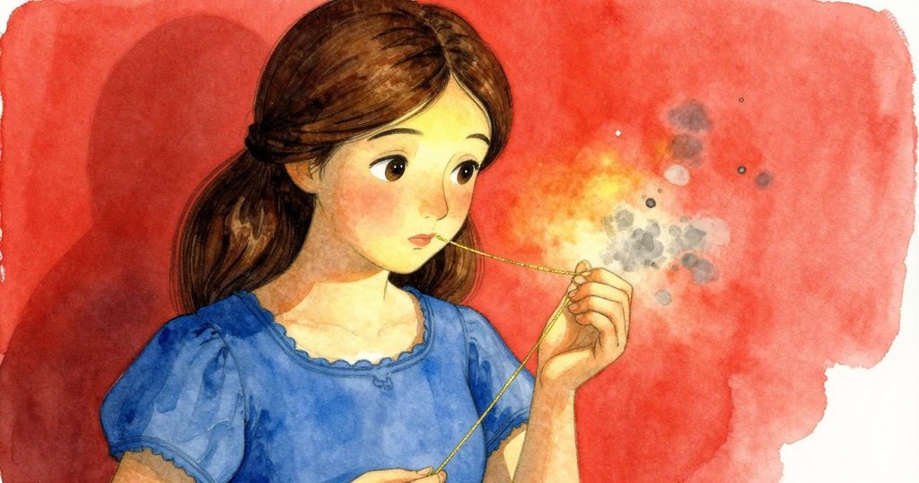 Gwen手部特寫正輕輕夾住閃亮線頭，細微灰塵映出柔和金光，神情專注且充滿期待