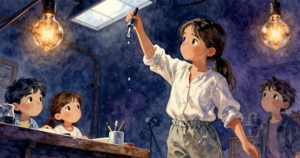 Zara在工作室中，舉著吸管注視滴珠，燈光明暗交錯，畫面傾斜呈現神秘氣氛。