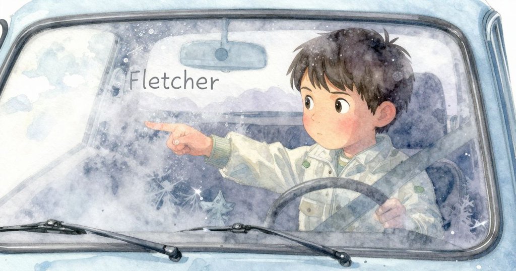 Fletcher在車內面對新凝結的霧氣,神情堅定調整手勢,與玻璃細緻互動,充滿內省與挑戰感