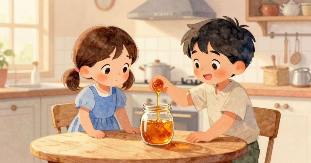 在寧靜廚房中，Rhea輕推整齊罐子，蜂蜜優雅流入，兩人含笑互視，氣氛溫馨平和。