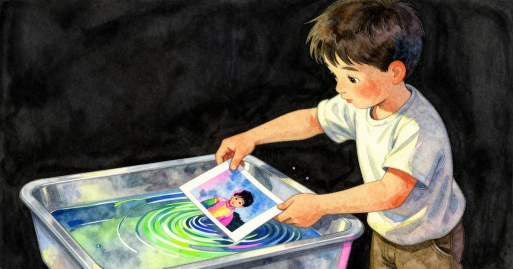 Cedric小心地將相紙滑入水托盤,水面泛起微光霓虹漣漪,細節豐富展現精密操作