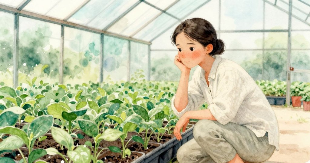 哈伊達蹲坐於育苗盤旁,注視乾燥土壤,神情沉思,寧靜溫室空間流露出深邃意境與柔和光影。