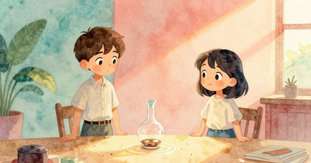 在寧靜書房中，歐文放下鉛筆後退，莎拉與他對望，桌上水瓶反射彩光，展現創作後的沉思與開放性結局。