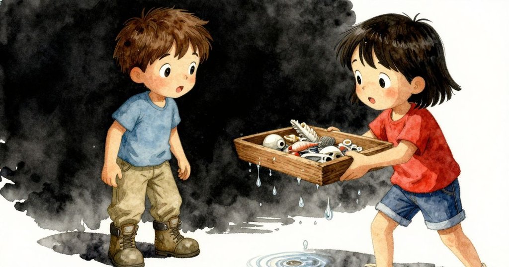 木盤邊緣水滴滑落,帶動一枚蛋殼狀貝殼落入水中,周圍微光中小魚倒影若隱若現,展現短暫美感
