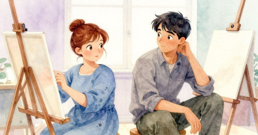 一天創作結束後,奈丁將濕潤的畫紙掛上晾架,克萊德微笑觀望,二人共享平靜與滿足的時刻