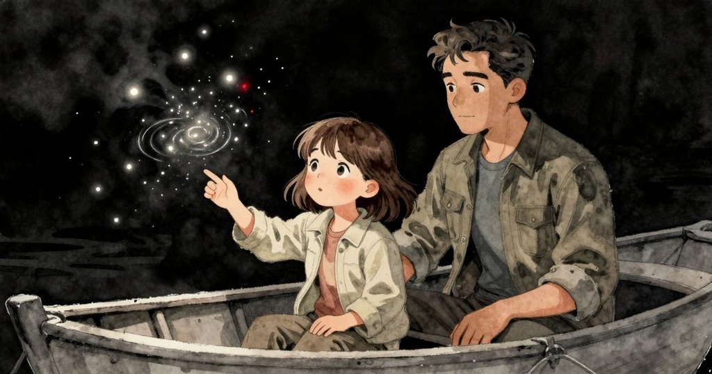 艾拉與肯特同舟,餅碎引起漣漪,螢火蟲綻放亮光,艾拉驚訝好奇,肯特保持鎮定