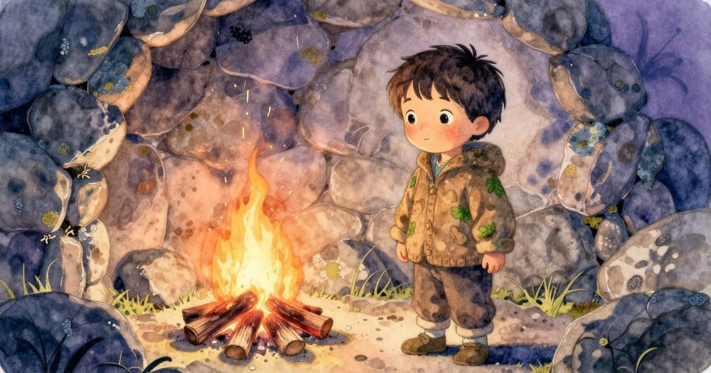 Kit近距離仔細觀察石環上層疊的苔蘚、炭痕與微小坑洞,營火火花穿梭在細膩質感中,層次豐富。