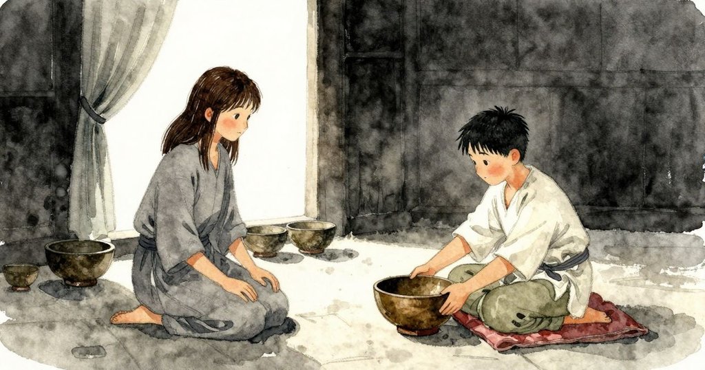 Lucia把最大的銅碗放在墊上,Ronan坐在對面,房間裡銅碗成圈,兩人神情專注,晨光透過窗簾。