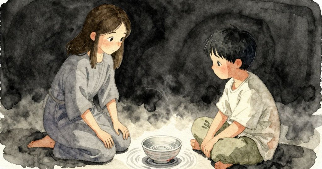 小碗內水面震成同心環狀像鋪磚的庭院,脊線與凹槽清晰,水紋逐漸放鬆恢復平靜。