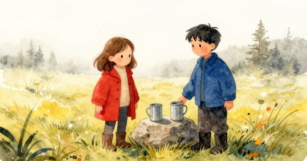 Estelle 在薄霧草地把兩個錫杯放在平石上,放鬆熱水瓶蓋,與 Ian 一起安靜準備茶,神情沉思。