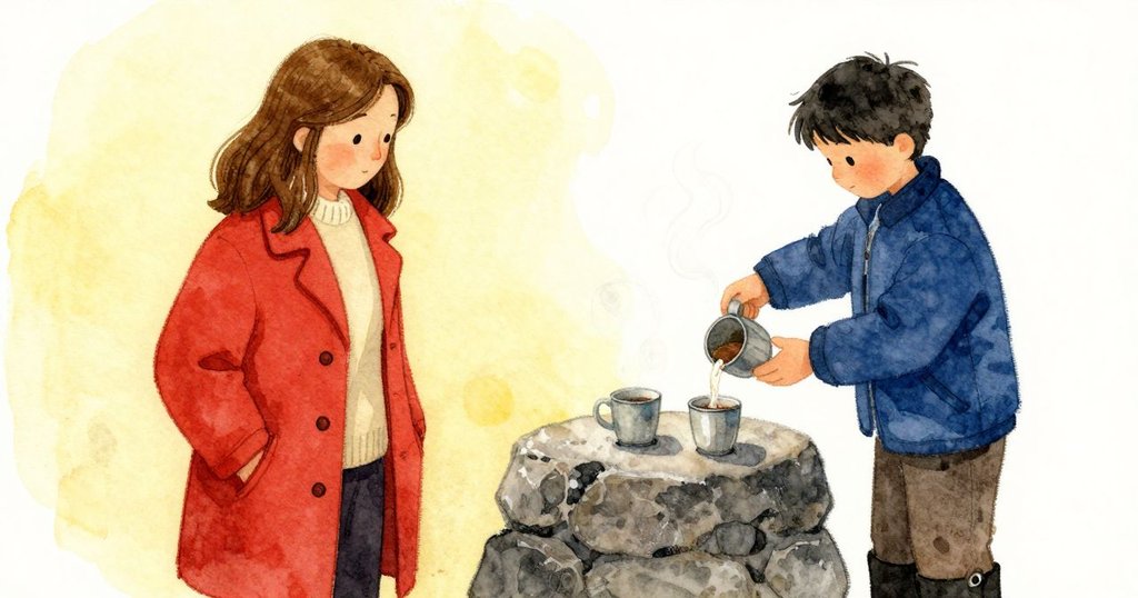 Estelle 傾倒熱茶,蒸氣與寒霧交融,杯沿結露,Ian 在石旁守護杯子,兩人沉靜專注。