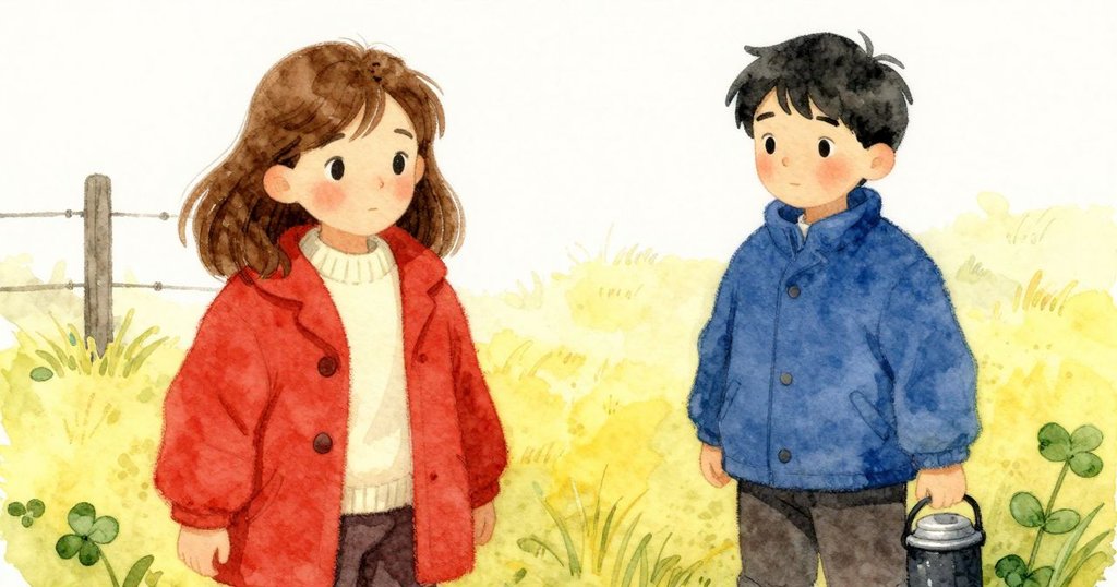 Estelle 的蓋子滾入三葉草,近景顯示蓋子靜置於薄霧草地,Estelle 專注地尋找小物,故事發展到發現。