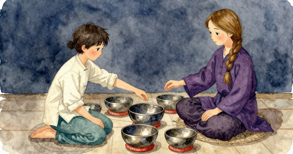 從高處俯視，烏拉腕部置於碗邊，第二圈發出低嗡鳴，她專注、呼吸與動作同步。